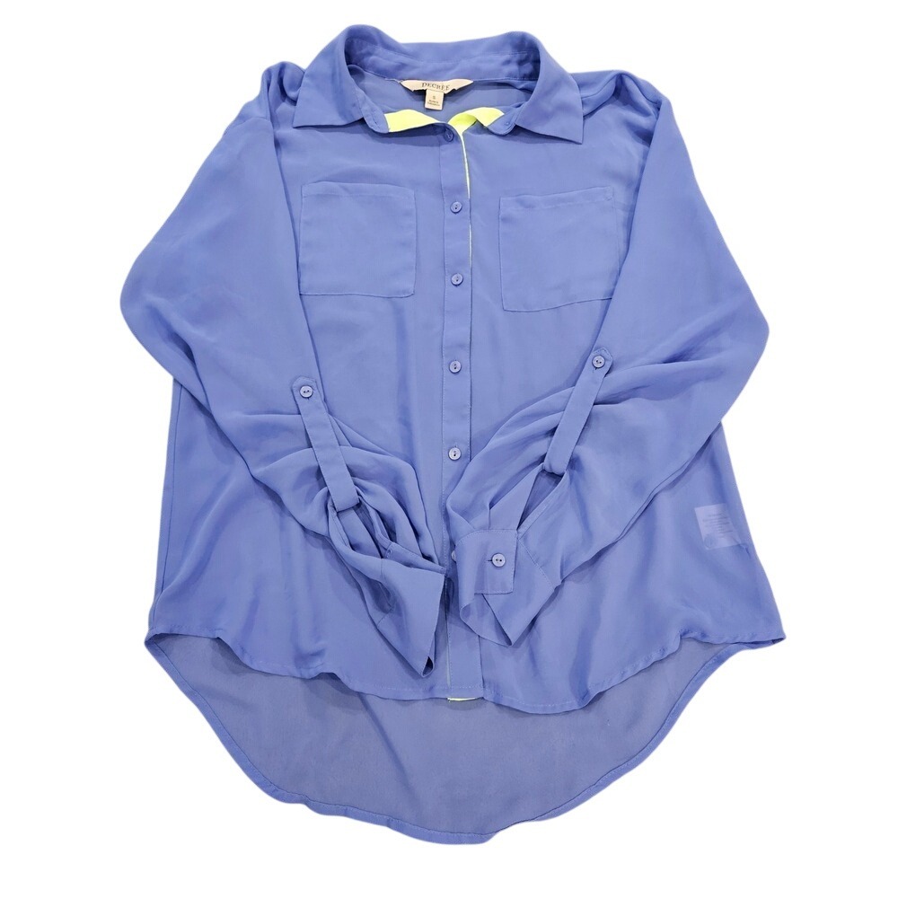 Decree Womens Blue Sheer Chiffon Button Down Blouse Neon Trim Size S